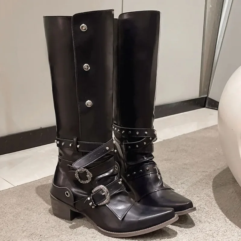 Wasteland Punk style Gothic Black Vintage Motorcycles Boots for Women Pointy Toe Rivets Western Boot Shoes