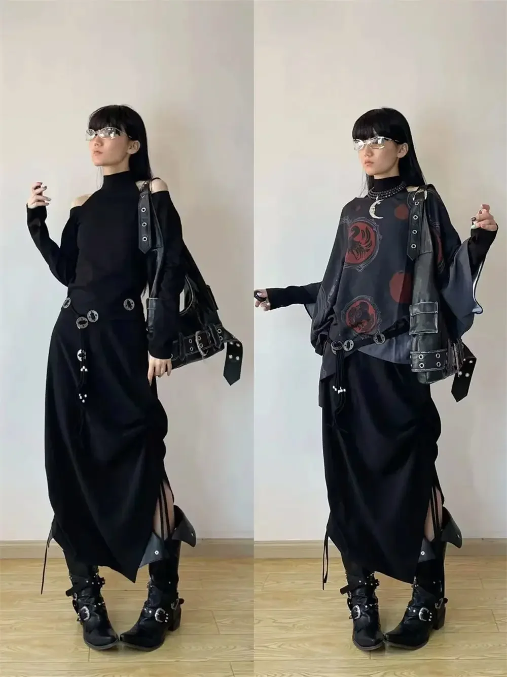 Wasteland Punk style Gothic Black Vintage Motorcycles Boots for Women Pointy Toe Rivets Western Boot Shoes