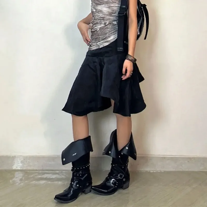 Wasteland Punk style Gothic Black Vintage Motorcycles Boots for Women Pointy Toe Rivets Western Boot Shoes