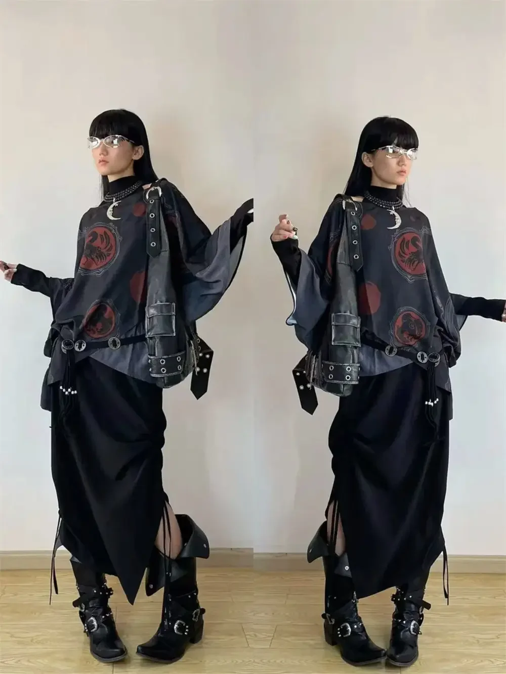 Wasteland Punk style Gothic Black Vintage Motorcycles Boots for Women Pointy Toe Rivets Western Boot Shoes