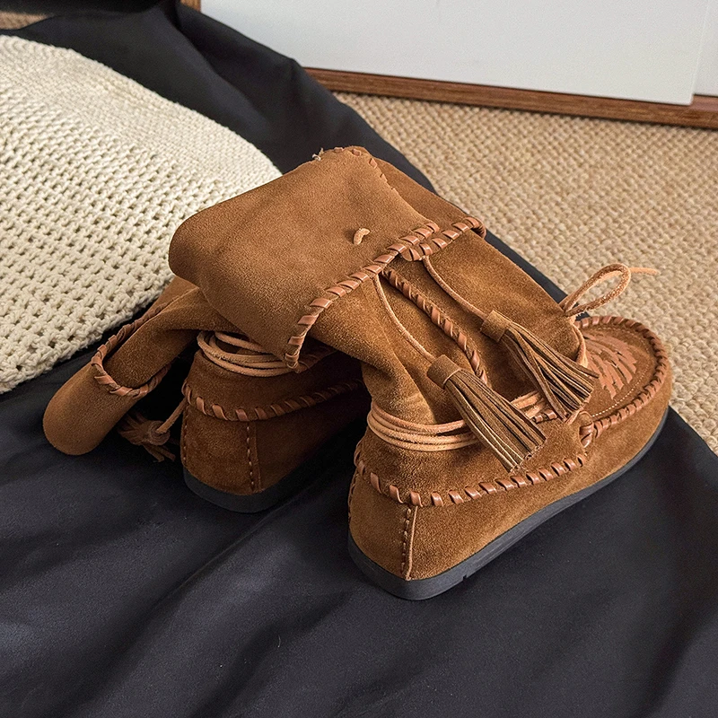 Retro Weaved Tassel Lace-Up Cowboy Boots Woman Turned-Over Edge Suede Leather Mid-Calf Boots Ladies Inner Height Western Boots