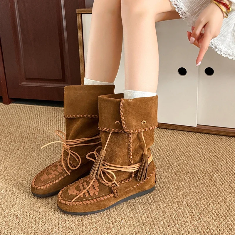 Retro Weaved Tassel Lace-Up Cowboy Boots Woman Turned-Over Edge Suede Leather Mid-Calf Boots Ladies Inner Height Western Boots