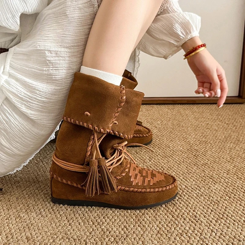 Retro Weaved Tassel Lace-Up Cowboy Boots Woman Turned-Over Edge Suede Leather Mid-Calf Boots Ladies Inner Height Western Boots