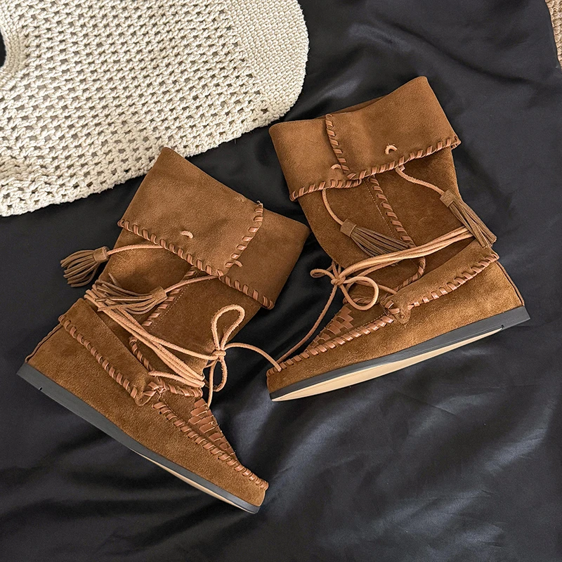 Retro Weaved Tassel Lace-Up Cowboy Boots Woman Turned-Over Edge Suede Leather Mid-Calf Boots Ladies Inner Height Western Boots