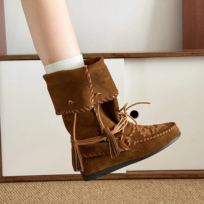 Retro Weaved Tassel Lace-Up Cowboy Boots Woman Turned-Over Edge Suede Leather Mid-Calf Boots Ladies Inner Height Western Boots