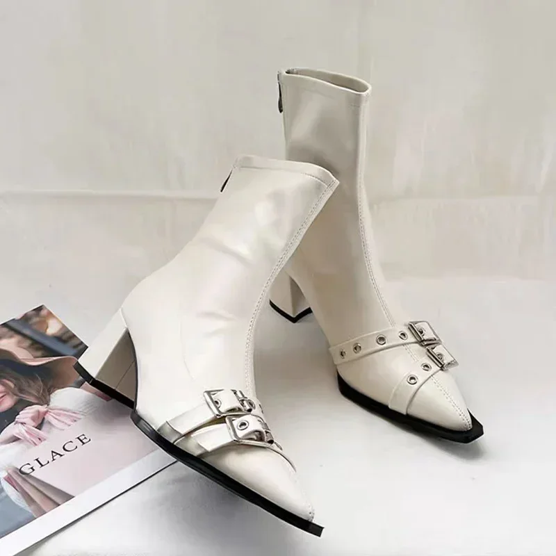High Heels Ankle Boots Women Chunky Pointed Toe Leather Shoes Woman 2025 Trend Winter Pumps Goth Fashion Chelsea
