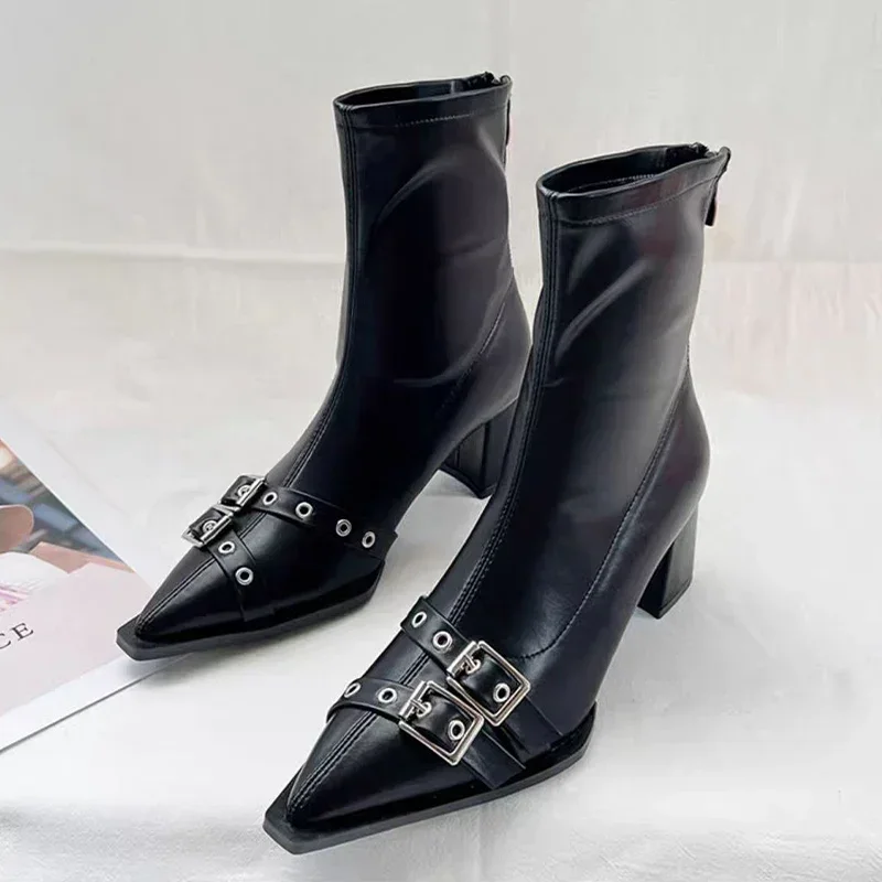 High Heels Ankle Boots Women Chunky Pointed Toe Leather Shoes Woman 2025 Trend Winter Pumps Goth Fashion Chelsea