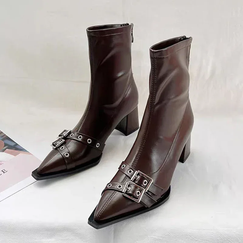 High Heels Ankle Boots Women Chunky Pointed Toe Leather Shoes Woman 2025 Trend Winter Pumps Goth Fashion Chelsea