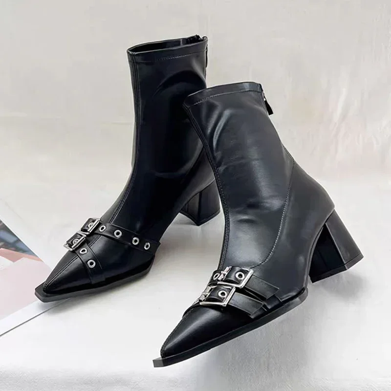High Heels Ankle Boots Women Chunky Pointed Toe Leather Shoes Woman 2025 Trend Winter Pumps Goth Fashion Chelsea