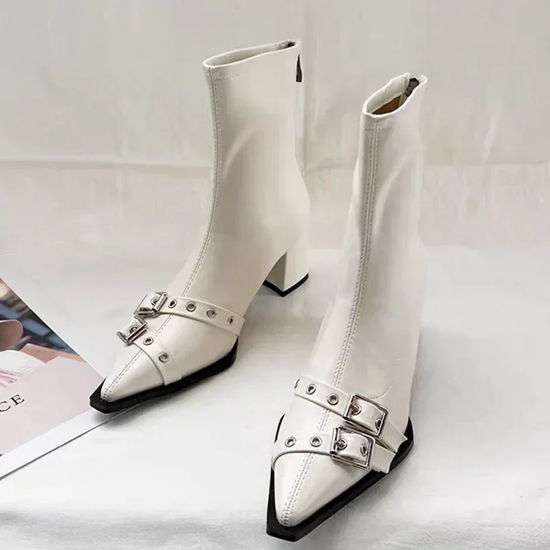 High Heels Ankle Boots Women Chunky Pointed Toe Leather Shoes Woman 2025 Trend Winter Pumps Goth Fashion Chelsea
