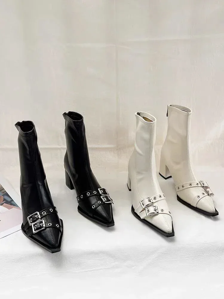 High Heels Ankle Boots Women Chunky Pointed Toe Leather Shoes Woman 2025 Trend Winter Pumps Goth Fashion Chelsea