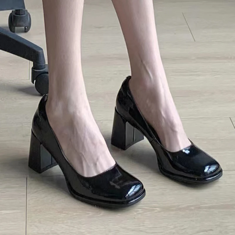 Patent Leather Women Pumps Shoes 2023 Elegan Office Black High Heels Shoes Woman Shallow Mouth Square Toe Pumps Female Heels
