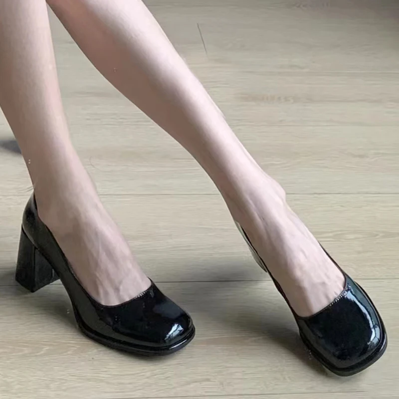 Patent Leather Women Pumps Shoes 2023 Elegan Office Black High Heels Shoes Woman Shallow Mouth Square Toe Pumps Female Heels
