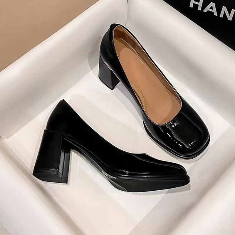 Patent Leather Women Pumps Shoes 2023 Elegan Office Black High Heels Shoes Woman Shallow Mouth Square Toe Pumps Female Heels
