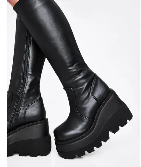 Fashion Wedge-heeled Mid-tube Boots Ladies Gothic Style Thick-soled Motorcycle Knight Boots Slim High Platform Cowboy Boots