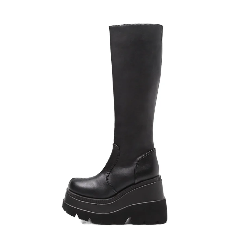 Fashion Wedge-heeled Mid-tube Boots Ladies Gothic Style Thick-soled Motorcycle Knight Boots Slim High Platform Cowboy Boots