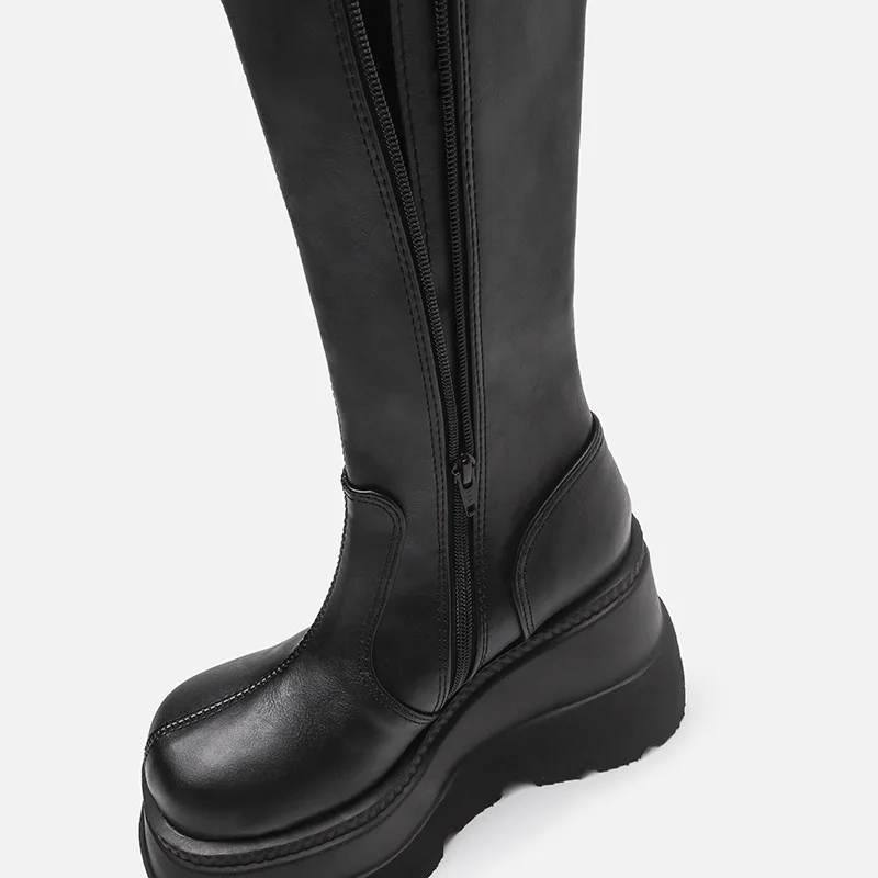 Fashion Wedge-heeled Mid-tube Boots Ladies Gothic Style Thick-soled Motorcycle Knight Boots Slim High Platform Cowboy Boots