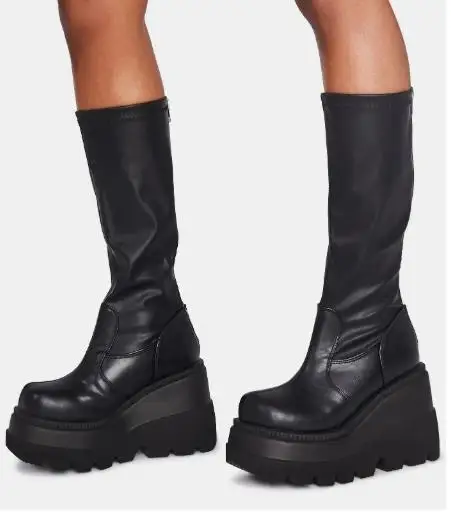 Fashion Wedge-heeled Mid-tube Boots Ladies Gothic Style Thick-soled Motorcycle Knight Boots Slim High Platform Cowboy Boots