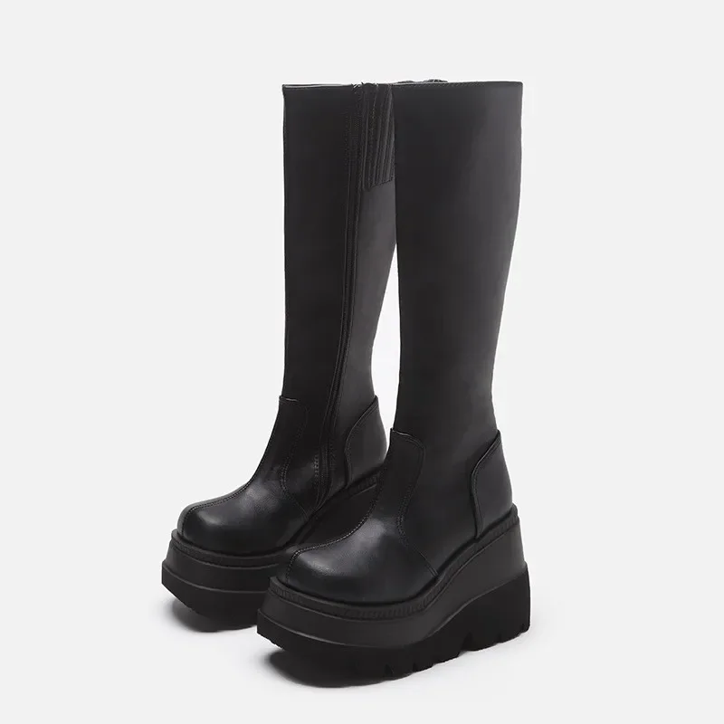 Fashion Wedge-heeled Mid-tube Boots Ladies Gothic Style Thick-soled Motorcycle Knight Boots Slim High Platform Cowboy Boots