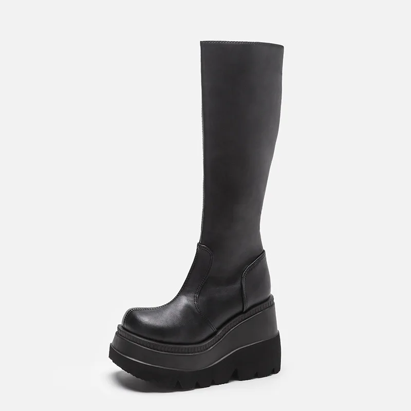 Fashion Wedge-heeled Mid-tube Boots Ladies Gothic Style Thick-soled Motorcycle Knight Boots Slim High Platform Cowboy Boots