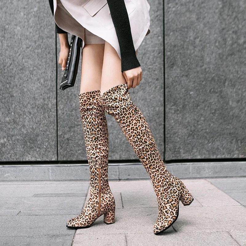 Faux Suede Boots Leopard Women Sexy Long Boots Over The Knee Thigh High Pointed Toe Chunky Heel Zipper Pull on 43 Faux Suede Boots Leopard Women Sexy Long Boots Over The Knee Thigh High Pointed Toe Chunky Heel Zipper Pull on 43
