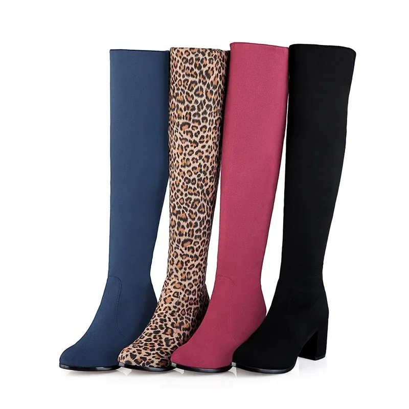 Faux Suede Boots Leopard Women Sexy Long Boots Over The Knee Thigh High Pointed Toe Chunky Heel Zipper Pull on 43