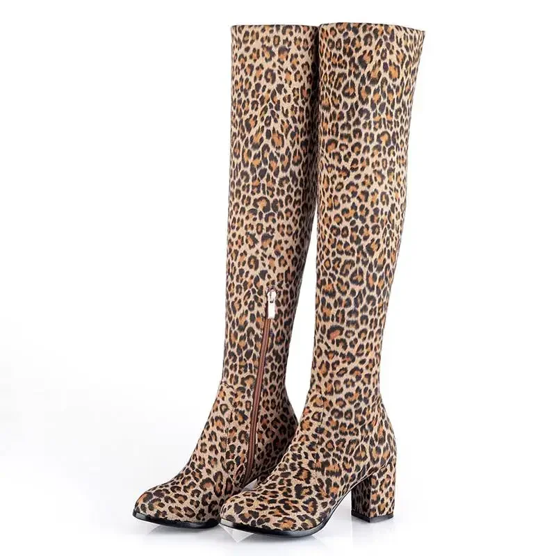 Faux Suede Boots Leopard Women Sexy Long Boots Over The Knee Thigh High Pointed Toe Chunky Heel Zipper Pull on 43