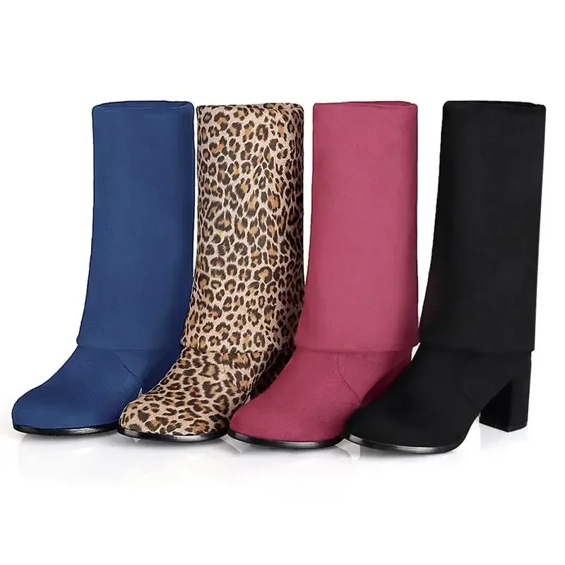 Faux Suede Boots Leopard Women Sexy Long Boots Over The Knee Thigh High Pointed Toe Chunky Heel Zipper Pull on 43