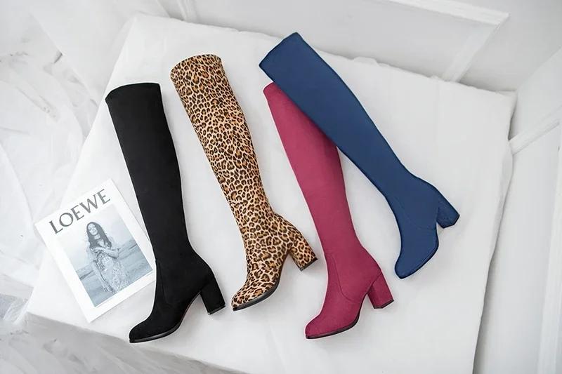 Faux Suede Boots Leopard Women Sexy Long Boots Over The Knee Thigh High Pointed Toe Chunky Heel Zipper Pull on 43 Faux Suede Boots Leopard Women Sexy Long Boots Over The Knee Thigh High Pointed Toe Chunky Heel Zipper Pull on 43