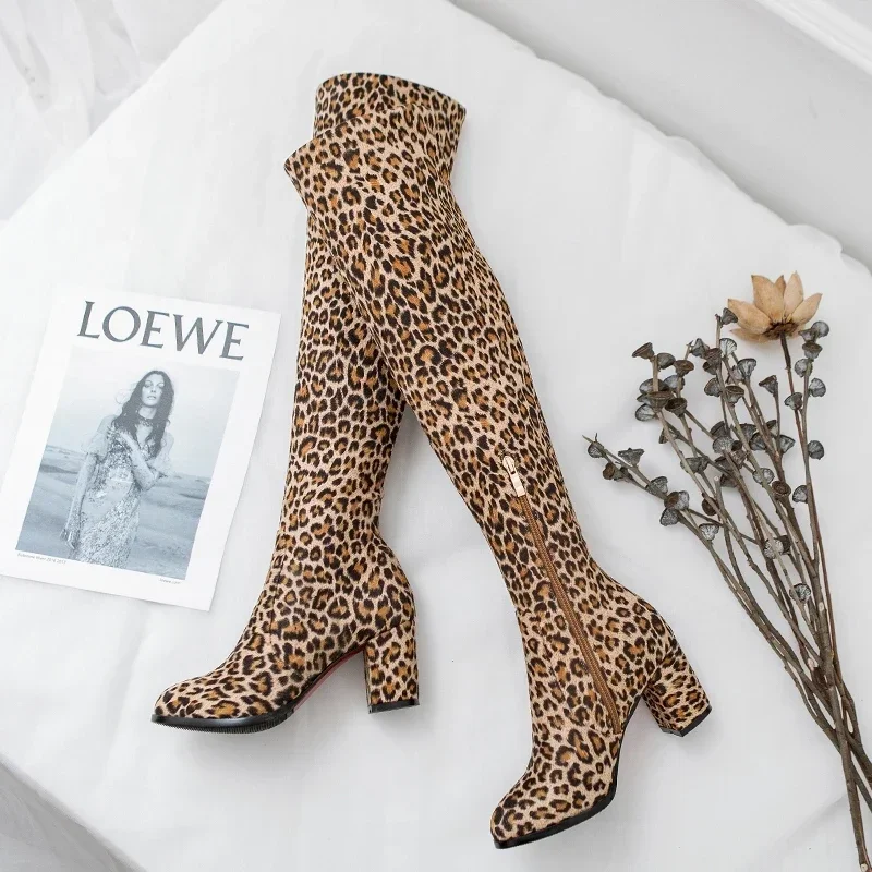 Faux Suede Boots Leopard Women Sexy Long Boots Over The Knee Thigh High Pointed Toe Chunky Heel Zipper Pull on 43