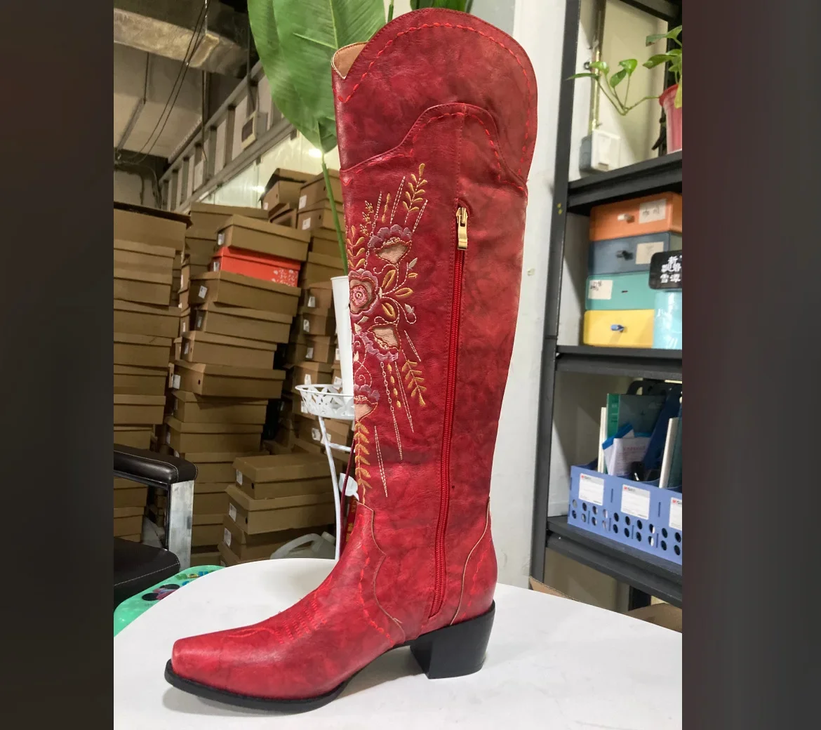 2025 Women's Retro Embroidery Western Cowboy Long Boots Fashion Lace-up Chunky Heels Zip Pointed Toe Knee Riding Boots 35-43Size
