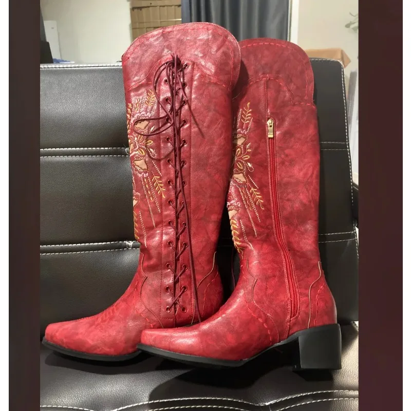 2025 Women's Retro Embroidery Western Cowboy Long Boots Fashion Lace-up Chunky Heels Zip Pointed Toe Knee Riding Boots 35-43Size