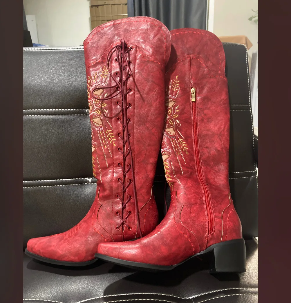 2025 Women's Retro Embroidery Western Cowboy Long Boots Fashion Lace-up Chunky Heels Zip Pointed Toe Knee Riding Boots 35-43Size