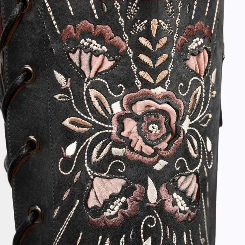 2025 Women's Retro Embroidery Western Cowboy Long Boots Fashion Lace-up Chunky Heels Zip Pointed Toe Knee Riding Boots 35-43Size