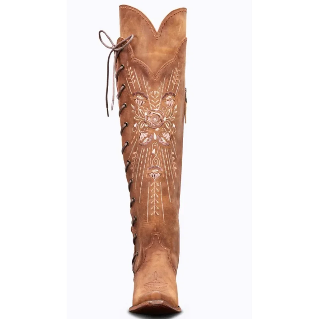 2025 Women's Retro Embroidery Western Cowboy Long Boots Fashion Lace-up Chunky Heels Zip Pointed Toe Knee Riding Boots 35-43Size
