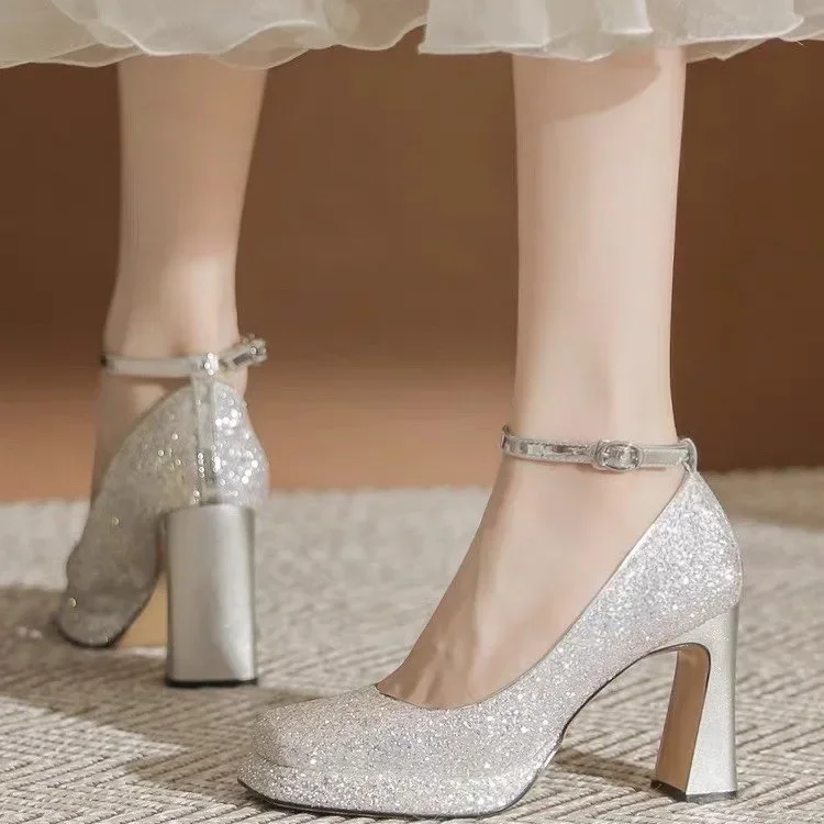 Waterproof Table Thick Heel New Mary Jane Crystal Shoes  Wedding Shoes Bride Shoes Small Square Head High Heels Women