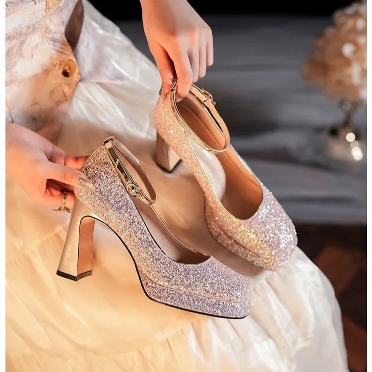 Waterproof Table Thick Heel New Mary Jane Crystal Shoes Wedding Shoes Bride Shoes Small Square Head High Heels Women Waterproof Table Thick Heel New Mary Jane Crystal Shoes Wedding Shoes Bride Shoes Small Square Head High Heels Women