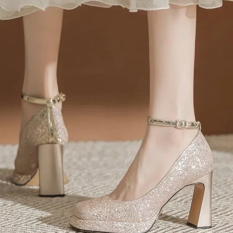 Waterproof Table Thick Heel New Mary Jane Crystal Shoes  Wedding Shoes Bride Shoes Small Square Head High Heels Women