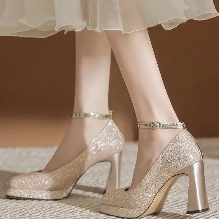 Waterproof Table Thick Heel New Mary Jane Crystal Shoes  Wedding Shoes Bride Shoes Small Square Head High Heels Women