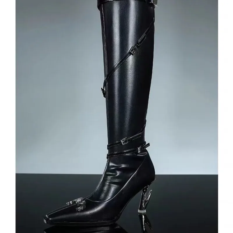 Autumn Special Heel Spice Girl High Heel Boots Pointed Toe Metal Buckle Side Zipper No Knee High Fashion Leather Boots Autumn Special Heel Spice Girl High Heel Boots Pointed Toe Metal Buckle Side Zipper No Knee High Fashion Leather Boots