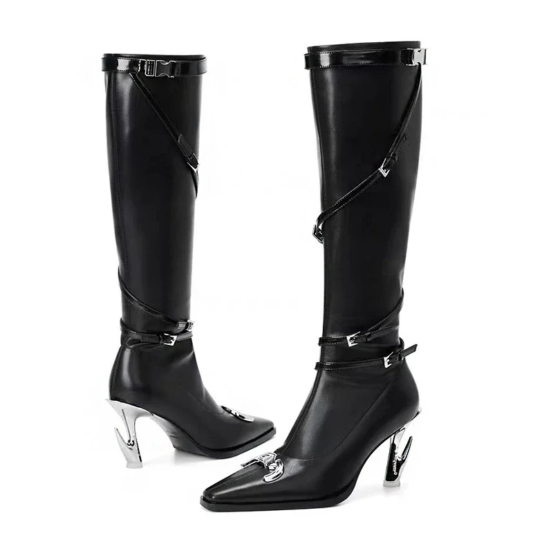 Autumn Special Heel Spice Girl High Heel Boots Pointed Toe Metal Buckle Side Zipper No Knee High Fashion Leather Boots