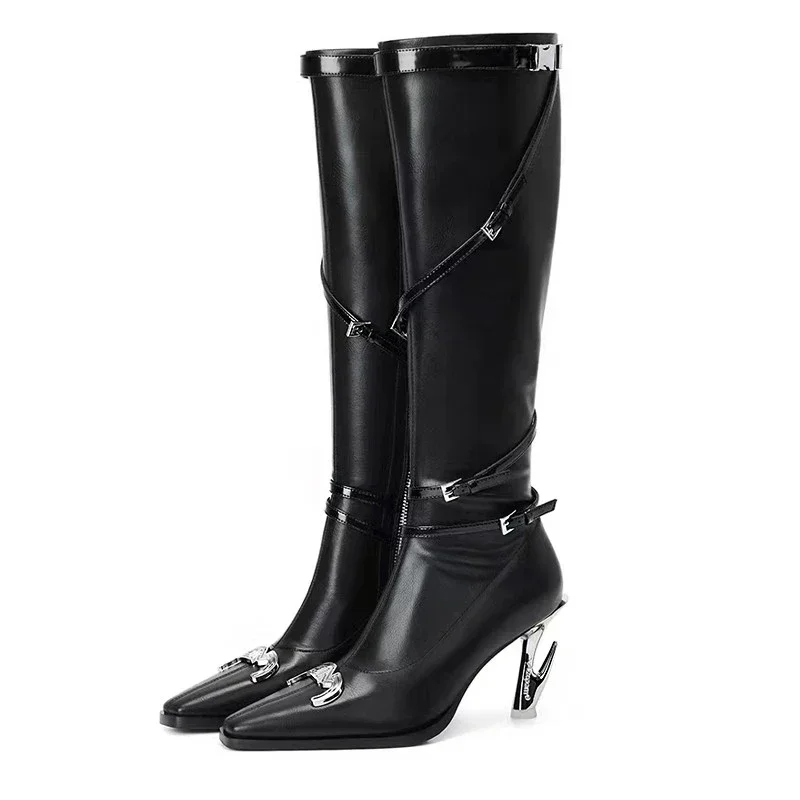 Autumn Special Heel Spice Girl High Heel Boots Pointed Toe Metal Buckle Side Zipper No Knee High Fashion Leather Boots