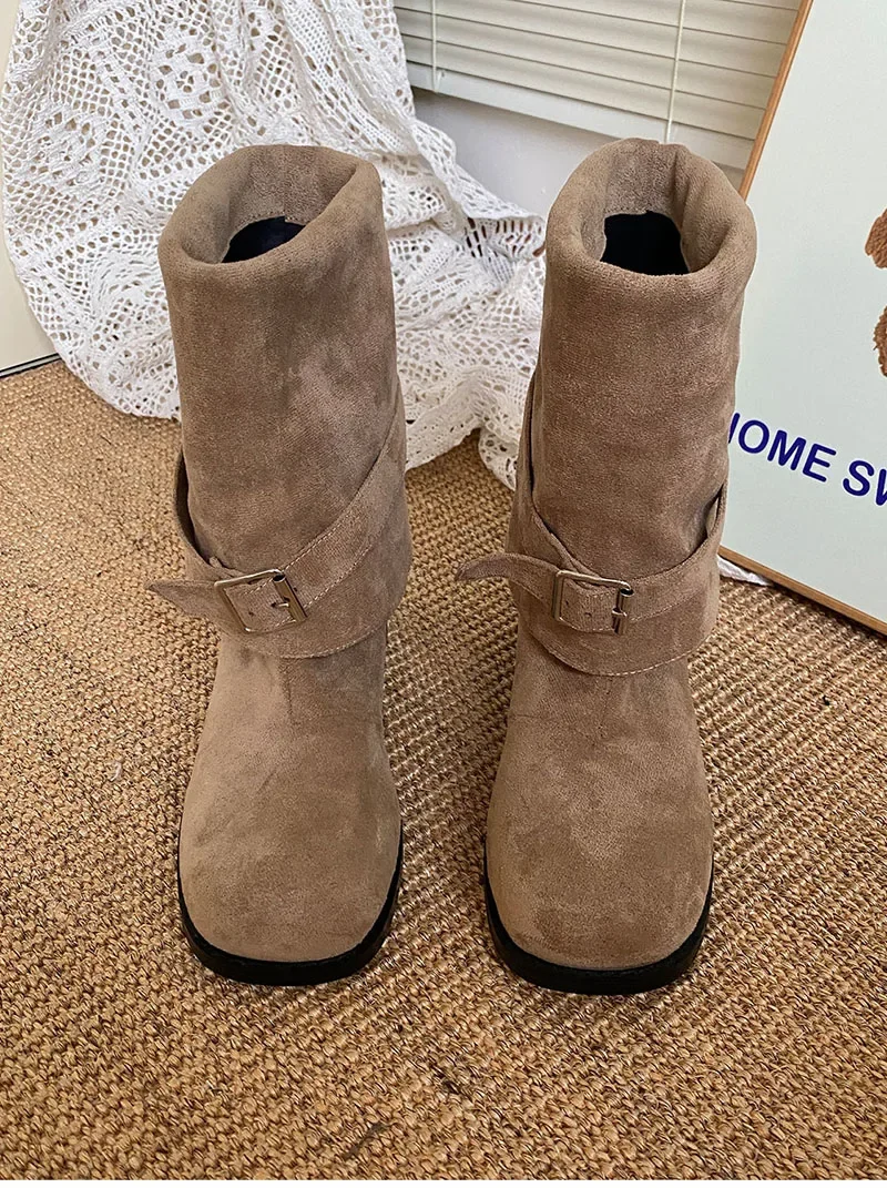 Platform Thick Heel Women Western Cowboy Boots Fashion Slip On Folded Pile Long Booties Female Shoes Autumn Winter