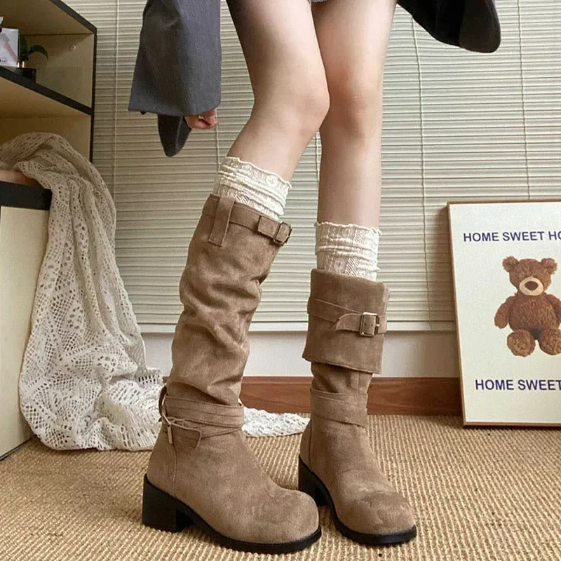 Platform Thick Heel Women Western Cowboy Boots Fashion Slip On Folded Pile Long Booties Female Shoes Autumn Winter Platform Thick Heel Women Western Cowboy Boots Fashion Slip On Folded Pile Long Booties Female Shoes Autumn Winter