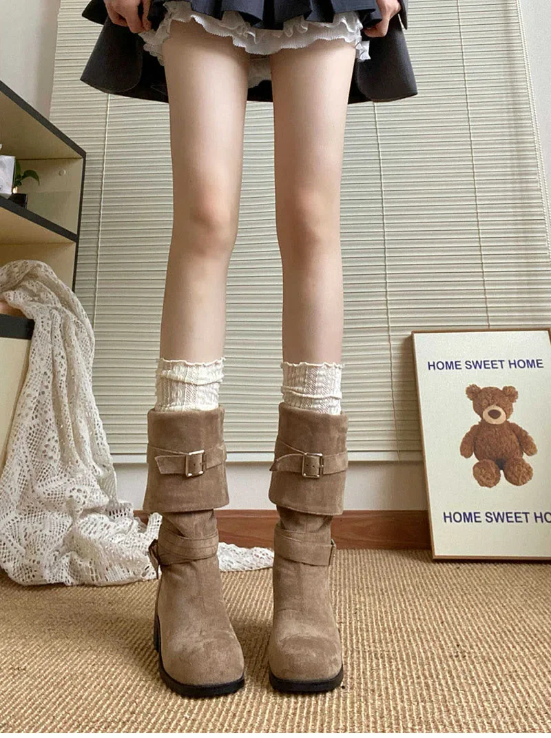 Platform Thick Heel Women Western Cowboy Boots Fashion Slip On Folded Pile Long Booties Female Shoes Autumn Winter