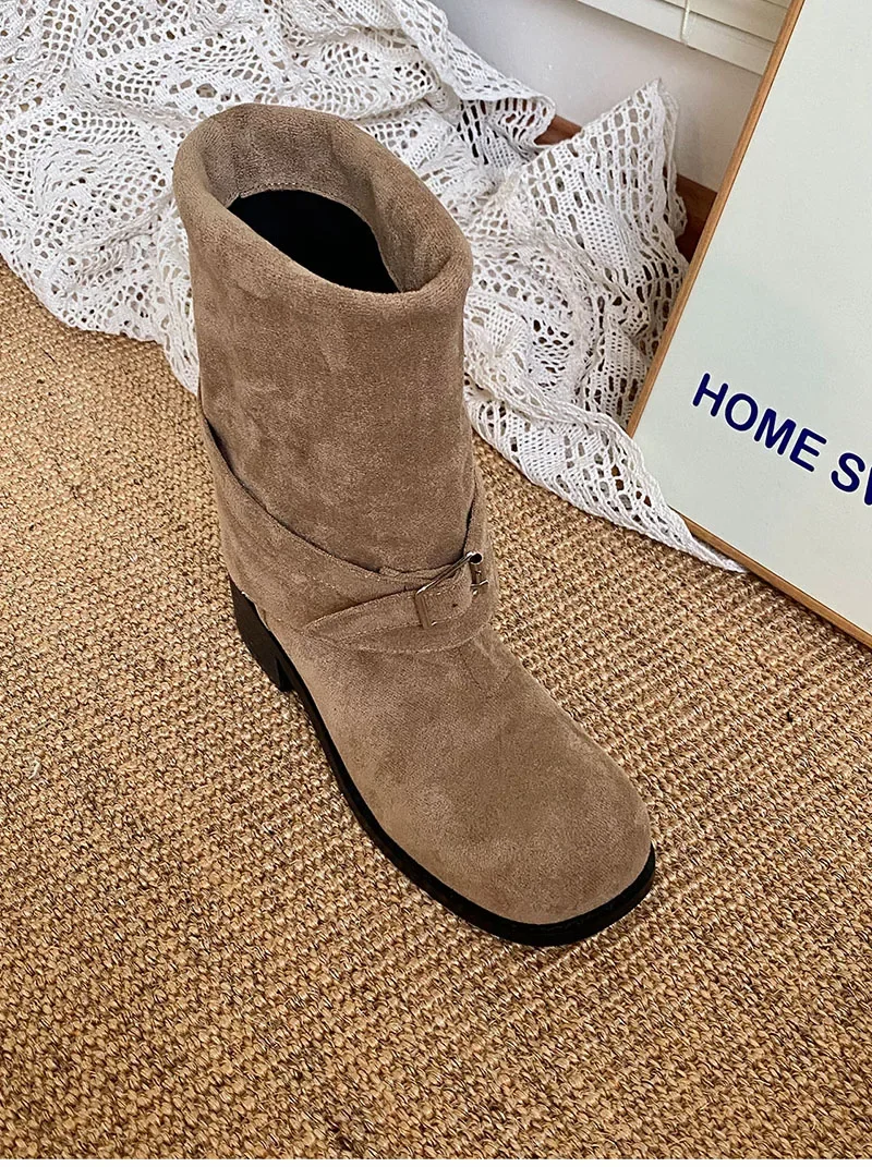 Platform Thick Heel Women Western Cowboy Boots Fashion Slip On Folded Pile Long Booties Female Shoes Autumn Winter