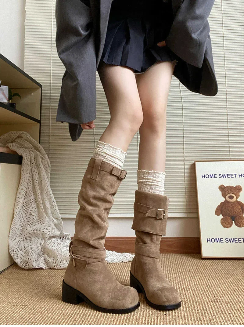 Platform Thick Heel Women Western Cowboy Boots Fashion Slip On Folded Pile Long Booties Female Shoes Autumn Winter