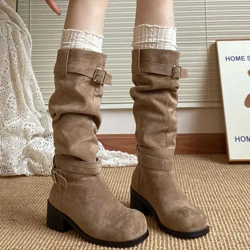 Platform Thick Heel Women Western Cowboy Boots Fashion Slip On Folded Pile Long Booties Female Shoes Autumn Winter Platform Thick Heel Women Western Cowboy Boots Fashion Slip On Folded Pile Long Booties Female Shoes Autumn Winter