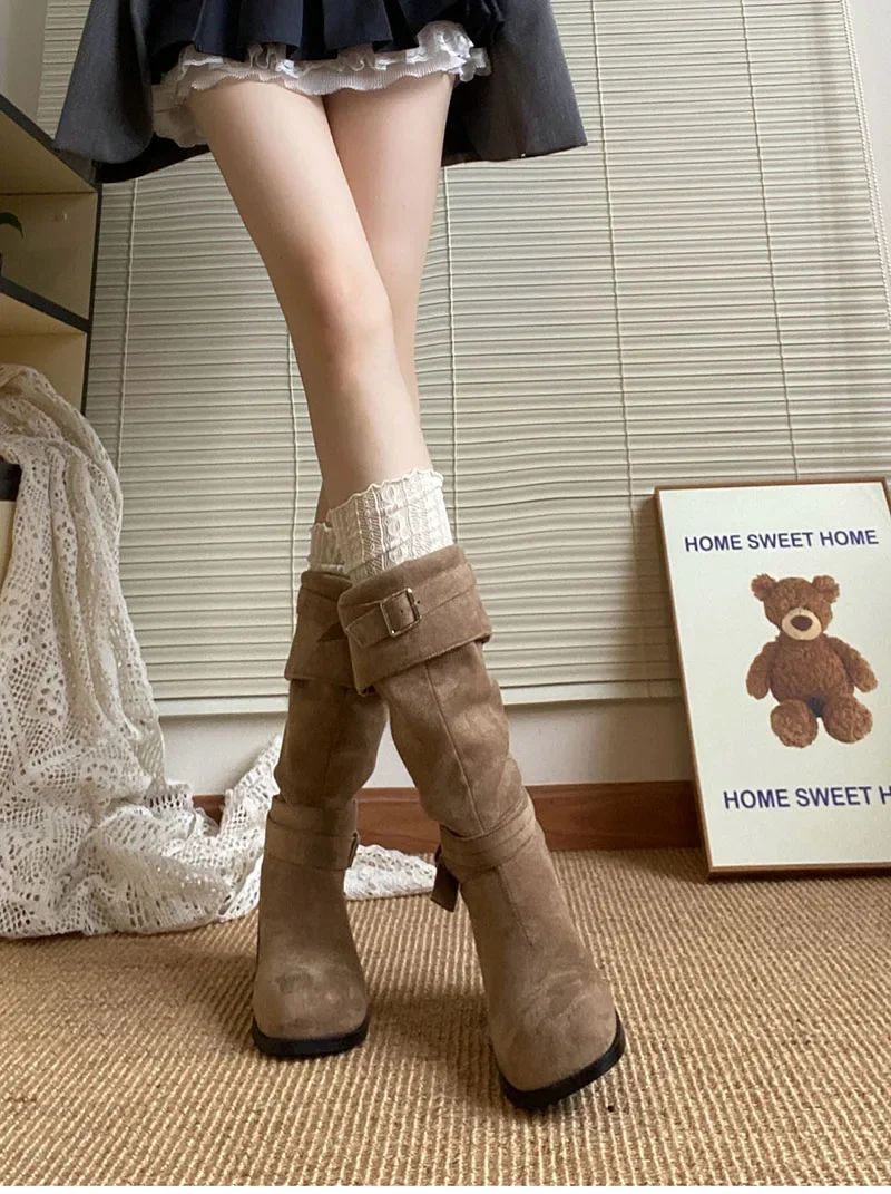 Platform Thick Heel Women Western Cowboy Boots Fashion Slip On Folded Pile Long Booties Female Shoes Autumn Winter