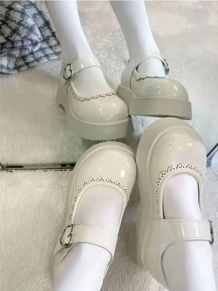 Beige Lolita Shoes Women Japanese Style Vintage Soft Leather Mary Janes Platform Shoes High Heels College Student Cosplay Shoes